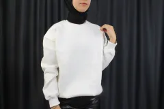 Kadın Basic 0 Sıfır Yaka Baskısız Düz Oversize Salaş Bol Kesim Polar Sweatshirt 3 İplik